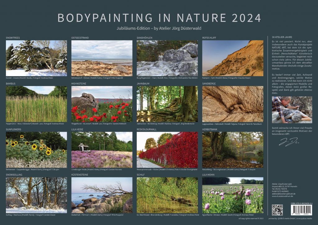 Artist Jörg Düsterwald is once again producing an exclusive premium body painting calendar for 2024. In the motifs for his NATURE ART project, he paints and brings together his body art photo models in a sensitive way in natural backdrops so that they merge into a symbiosis. Publication of the calendar by self-publisher in summer 2023