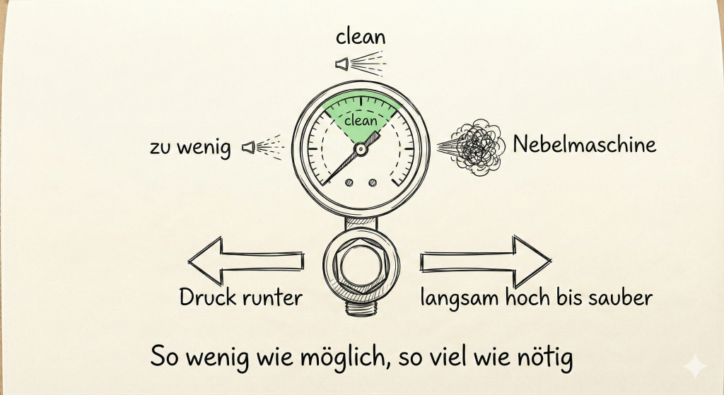 Feinstaub beim Airbrush Schminken: Der 3-Minuten-Sicherheitscheck 3 Skizze: Airbrush-Druck-Regler zeigt optimalen Bereich für sauberes Sprühen mit weniger Overspray.