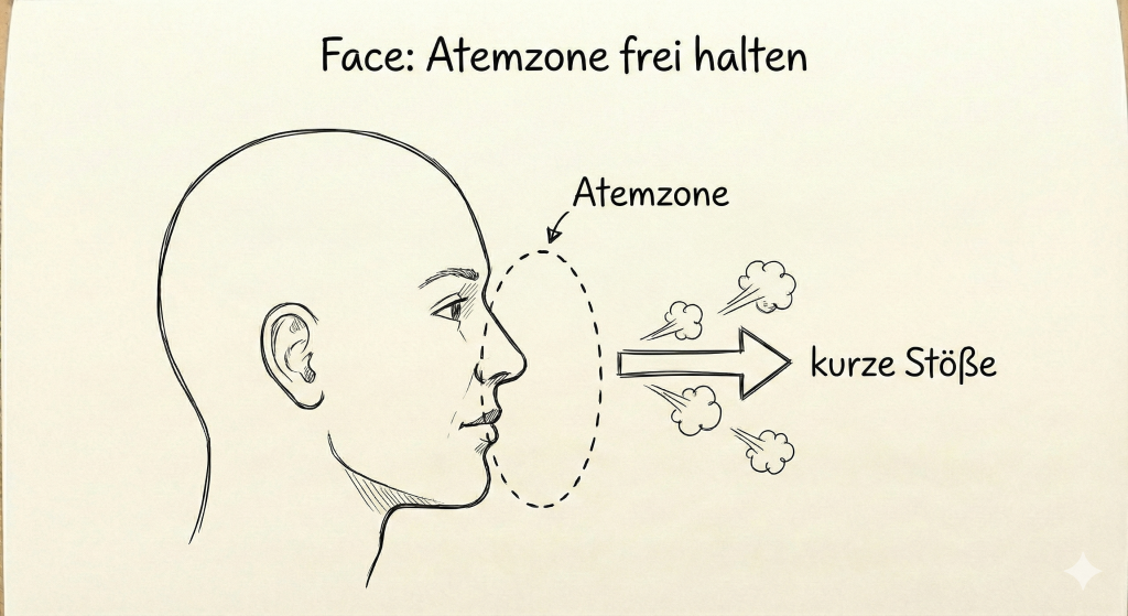 Feinstaub beim Airbrush Schminken: Der 3-Minuten-Sicherheitscheck 4 Skizze: Atemzone am Gesicht und empfohlene seitliche Sprührichtung beim Airbrush.