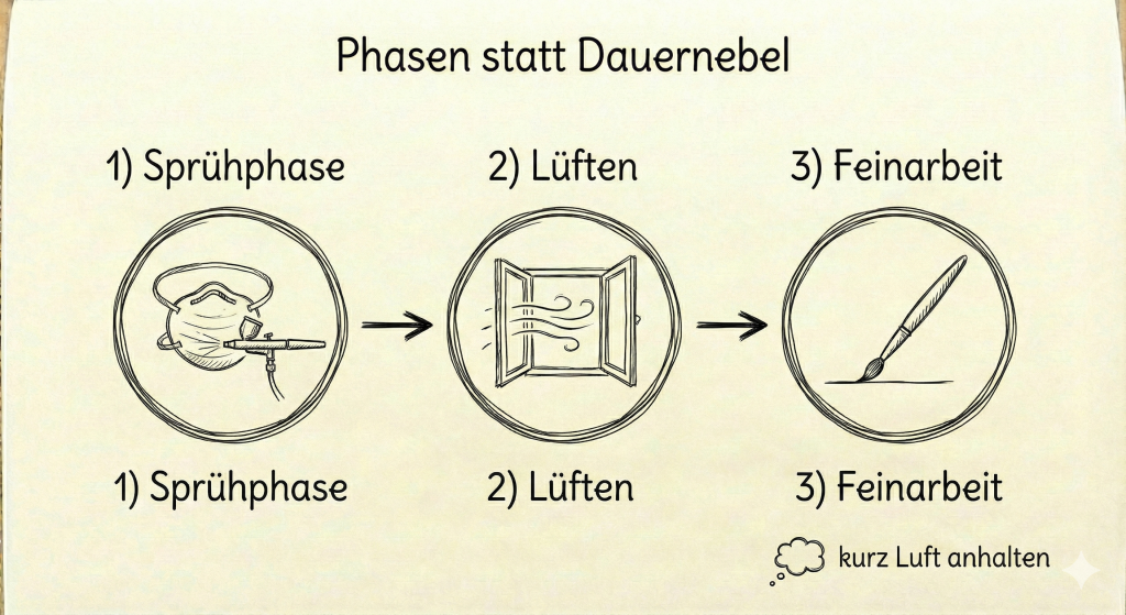 Feinstaub beim Airbrush Schminken: Der 3-Minuten-Sicherheitscheck 6 Skizze: Workflow beim Body-Airbrush – Sprühphase mit Maske, Lüften, danach Feinarbeit.