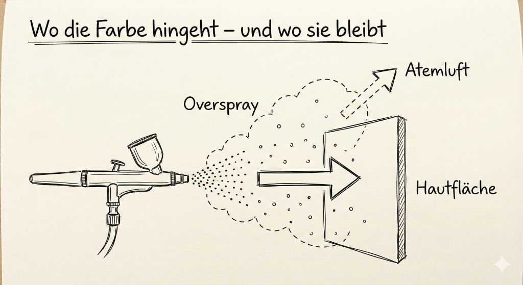 Feinstaub beim Airbrush Schminken: Der 3-Minuten-Sicherheitscheck 2 Skizze: Airbrush sprüht auf Haut, daneben entsteht Overspray-Wolke in der Luft.