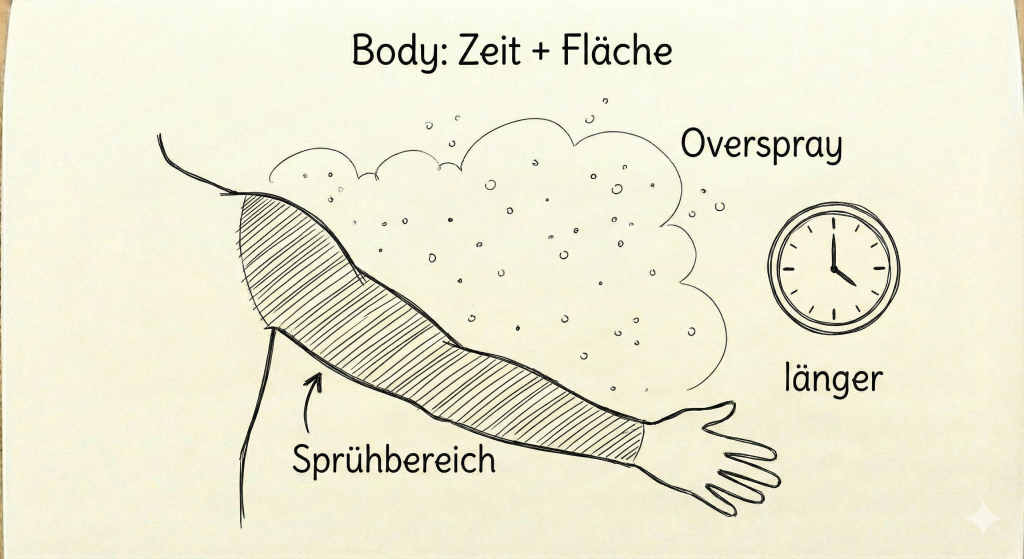 Feinstaub beim Airbrush Schminken: Der 3-Minuten-Sicherheitscheck 5 Skizze: Bodypainting erfordert längere Sprühzeit, daher wichtig: Frischluft und Luftwechsel.