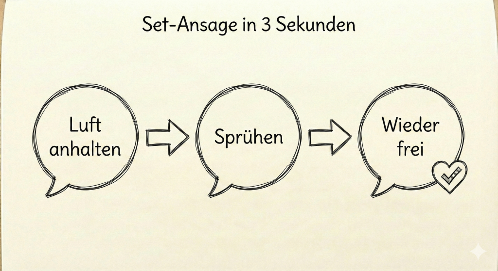 Feinstaub beim Airbrush Schminken: Der 3-Minuten-Sicherheitscheck 7 Skizze: Workflow beim Body-Airbrush – Sprühphase mit Maske, Lüften, danach Feinarbeit.
